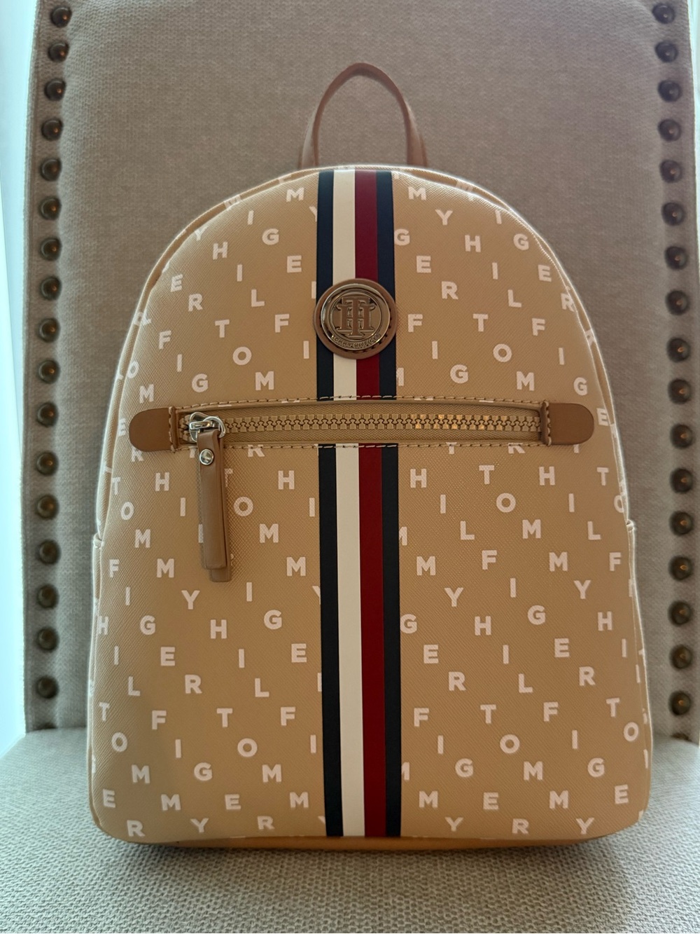 Tommy Hilfiger Tan Backpack with Red, White & Navy Center Stripe